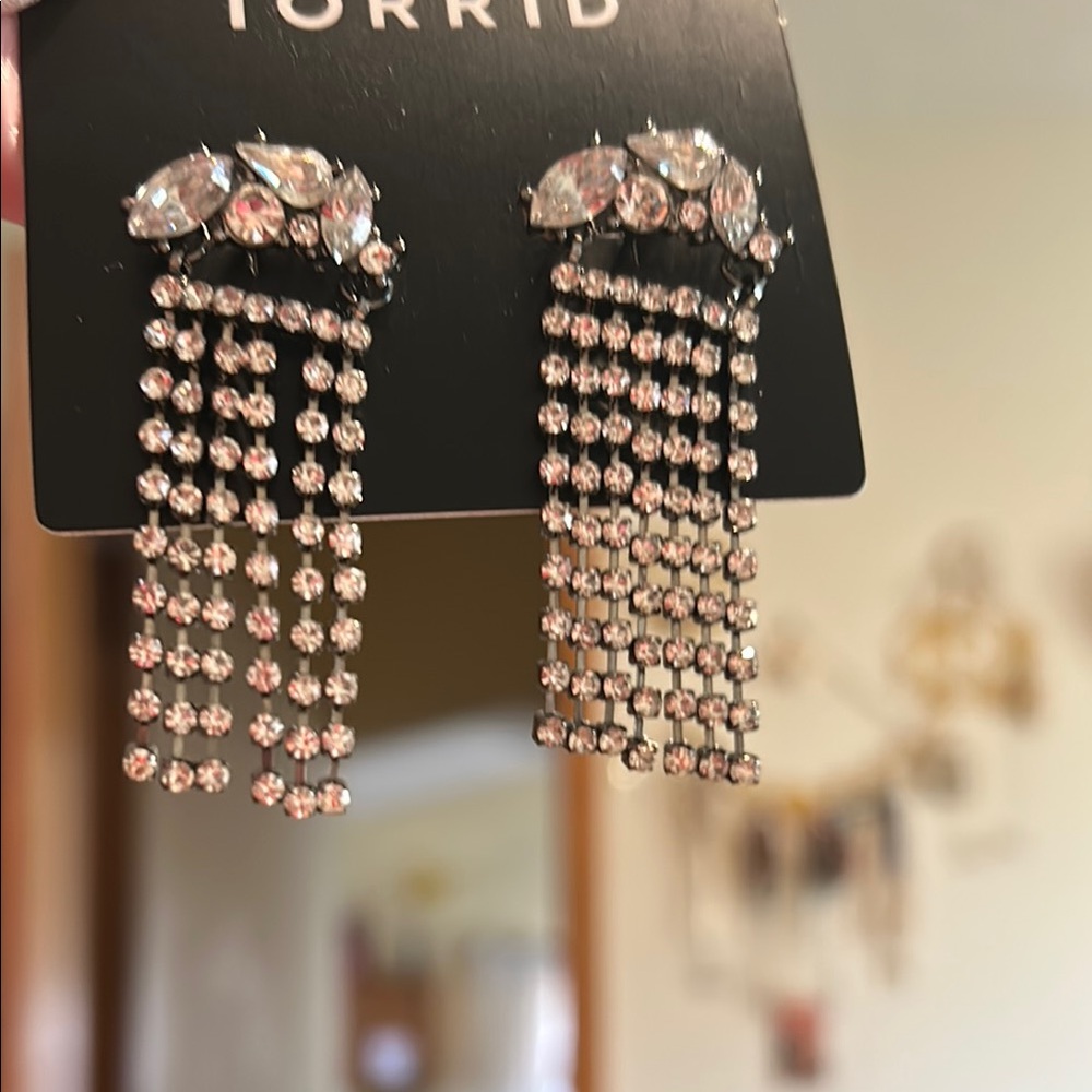 Torrid Rhinestone Fringe Dangle Pierced Earrings with Stone Cluster - Picture 3 of 11